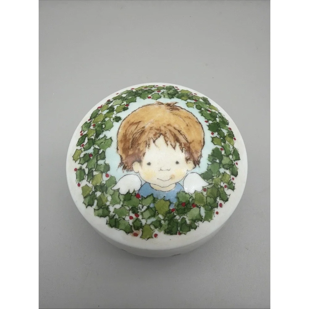 Vintage 1990 Enesco Krinka Boy Angel Round Hinged  Porcelain Trinket Box